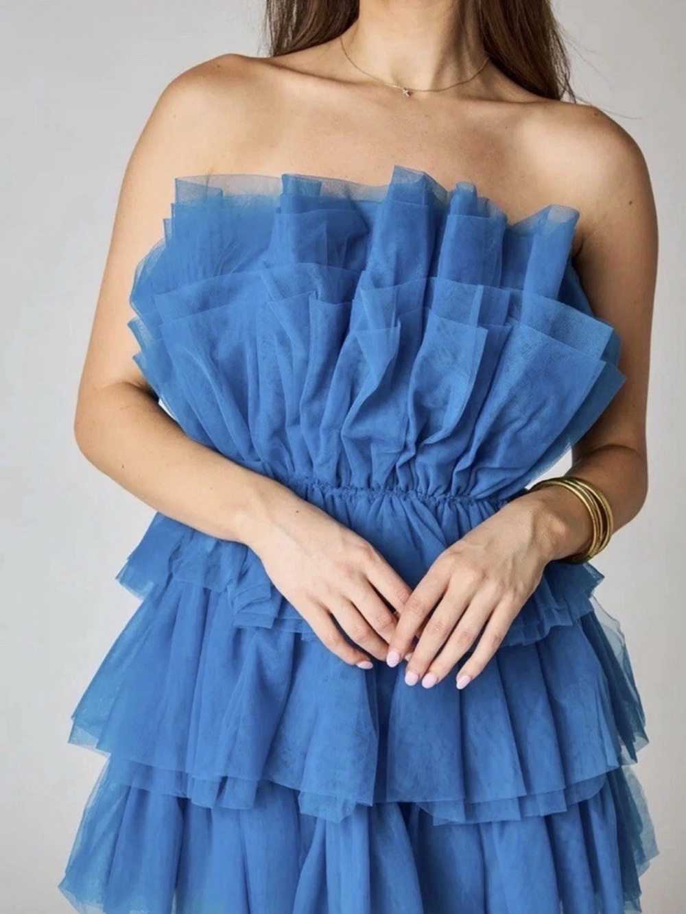 Buddy Love Strapless Tiered Tulle Mini Dress in Blue